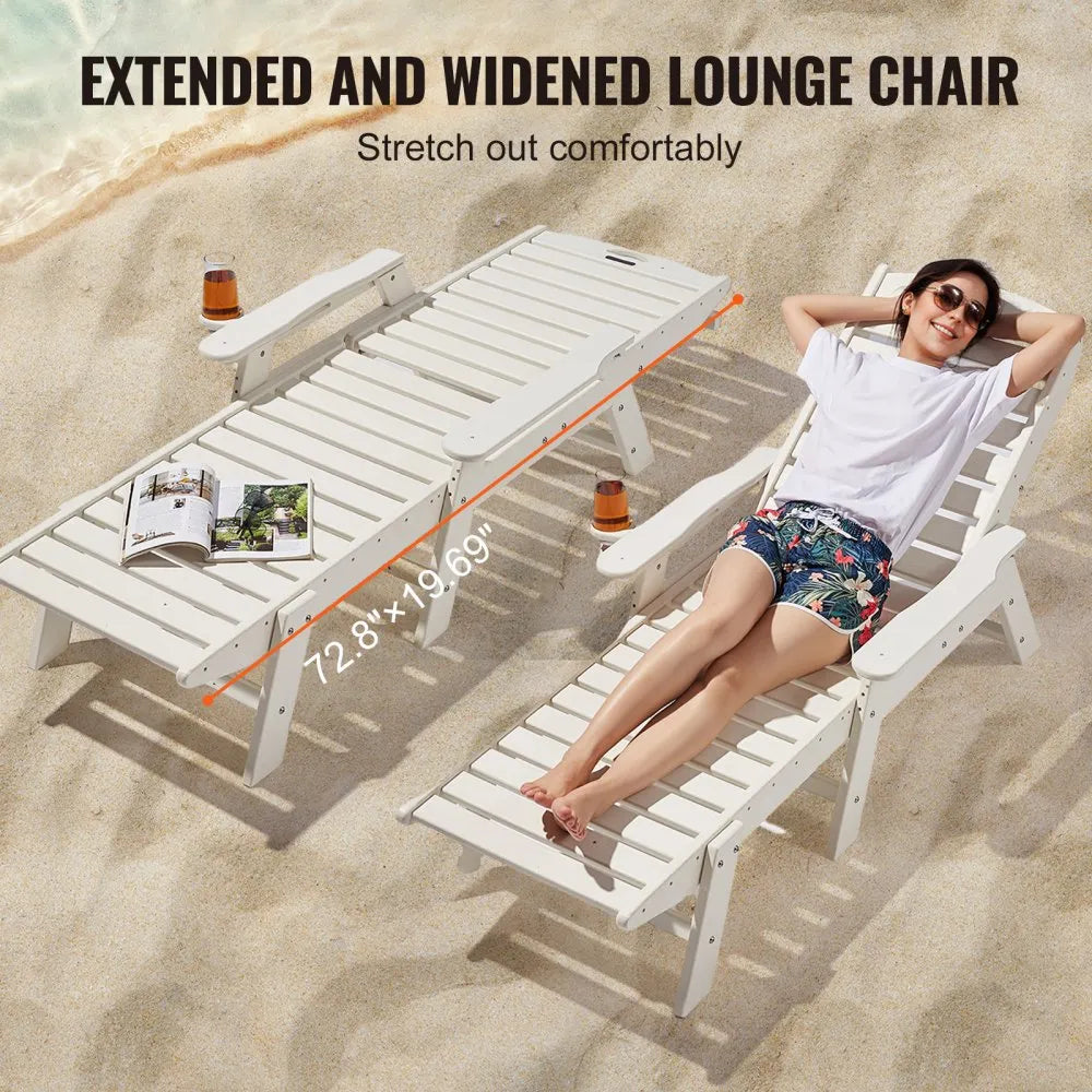 VEVOR Chaise Lounge Chair, 400 lbs Weight Capacity, 6 Positions Adjustable Patio Lounge Chair, Outdoor HDPE Lounge Chair with Backrest & Cup Holder, for Pool Poolside Deck Backyard Lawn, White