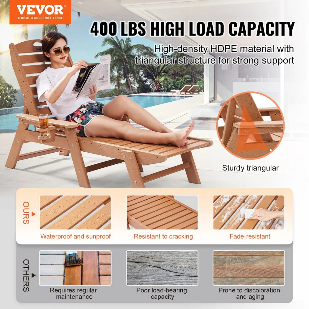 VEVOR Chaise Lounge Chair, 400 lbs Weight Capacity, 6 Positions Adjustable Patio Lounge Chair, Outdoor HDPE Lounge Chair with Backrest & Cup Holder, for Pool Poolside Deck Backyard Lawn, Brown
