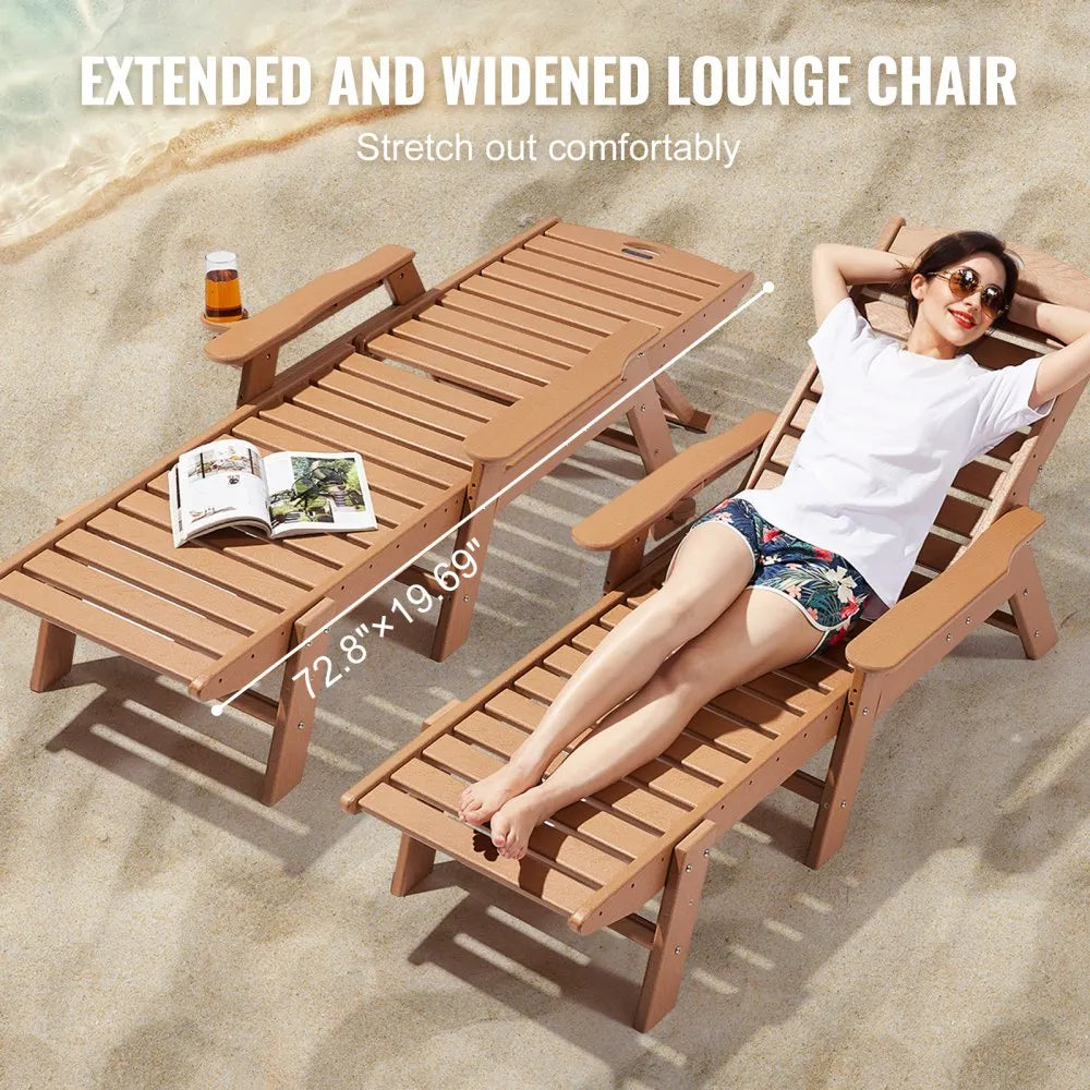 VEVOR Chaise Lounge Chair, 400 lbs Weight Capacity, 6 Positions Adjustable Patio Lounge Chair, Outdoor HDPE Lounge Chair with Backrest & Cup Holder, for Pool Poolside Deck Backyard Lawn, Brown