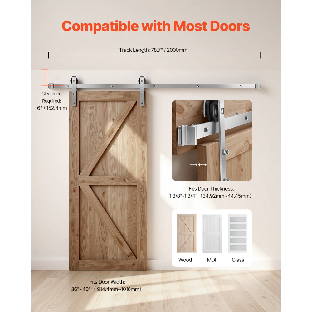VEVOR 6.6FT Sliding Barn Door Hardware Kit, 330 LBS Weight Capacity, Compatible with 36 to 40 Inches Width & 1-3/8 to 1-3/4 Inches Thickness Single Sliding Barn Door, Durable Track & J-shape Roller