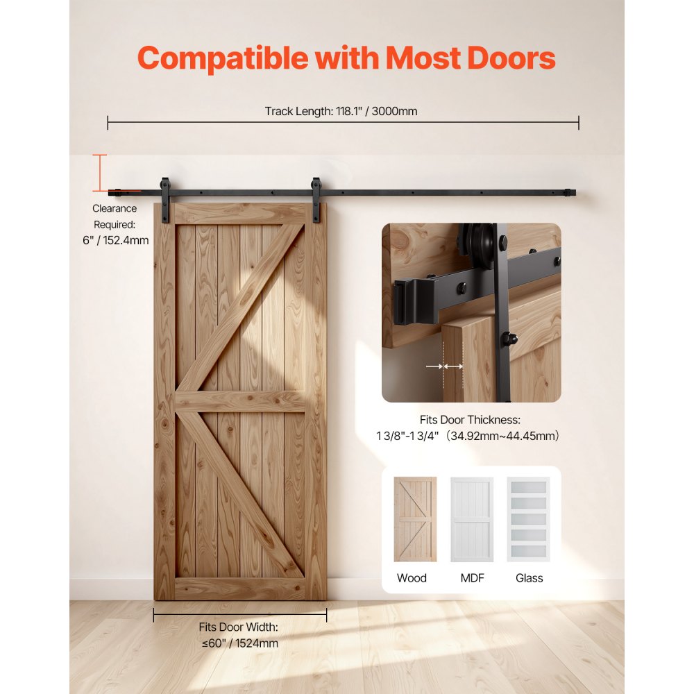 VEVOR 10FT Sliding Barn Door Hardware Kit, 330 LBS Weight Capacity, Compatible with 60 Inches Max Width & 1-3/8 to 1-3/4 Inches Thickness Single Sliding Barn Door, Durable Track & J-shape Roller,Black