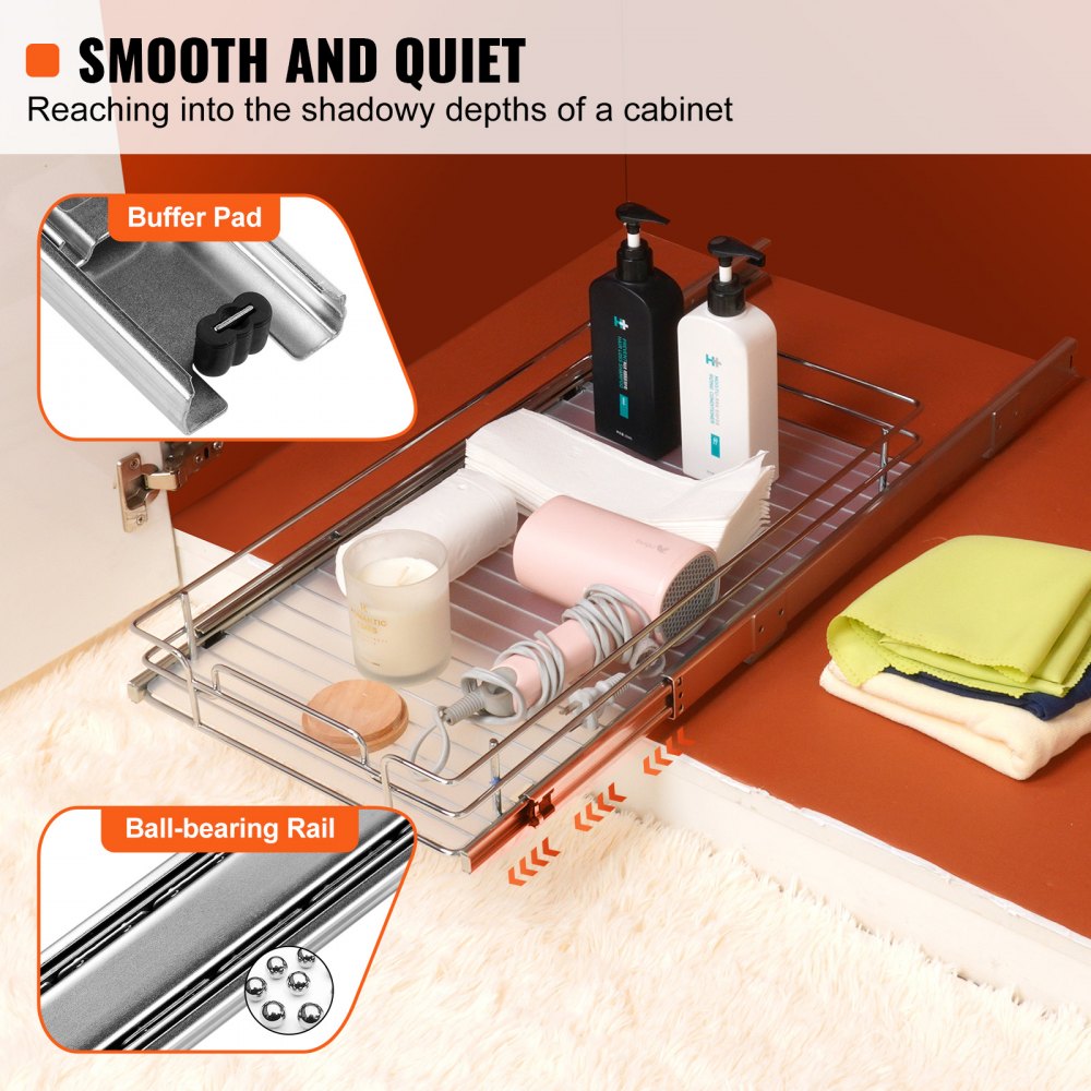 VEVOR 11"Wx21"Dx2.5"H Pull Out Cabinet Organizer, Heavy Duty Slide Out Pantry Shelves, Steel Roll Out Drawers, Sliding Drawer Storage for Home Under Sink, 13.5"Wx22"Dx7"H Install Size for Cabinet