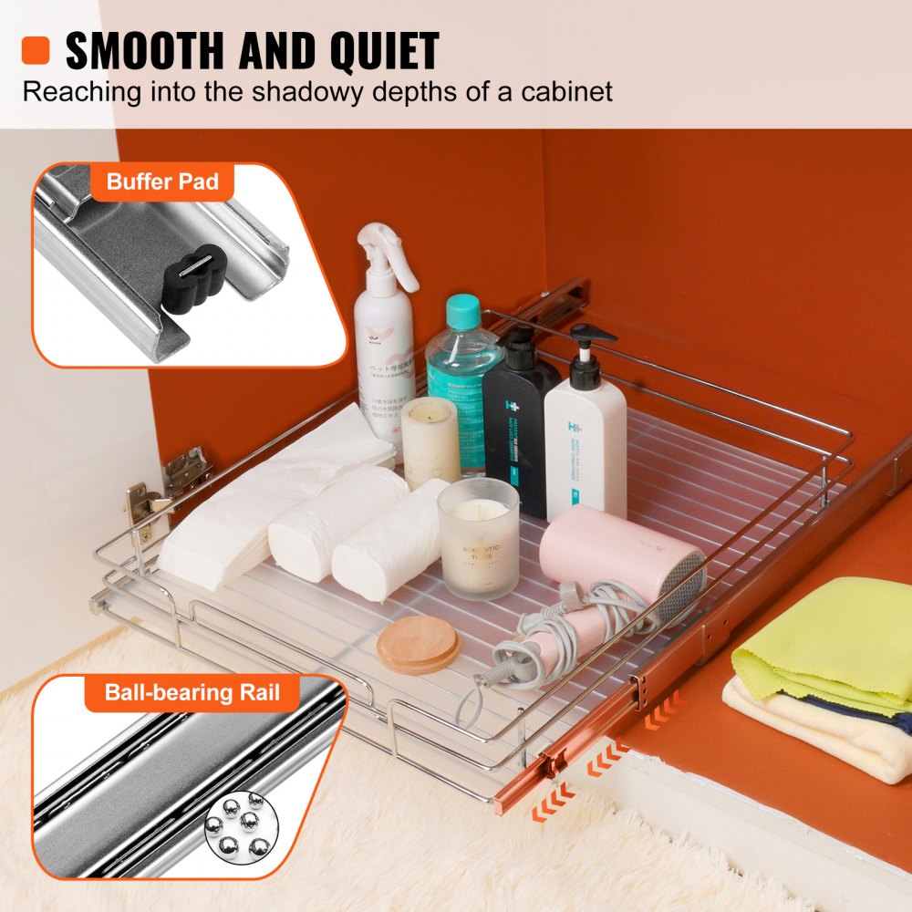 VEVOR 21.5"Wx21"Dx3.5"H Pull Out Cabinet Organizer, Heavy Duty Slide Out Pantry Shelves, Steel Roll Out Drawers, Sliding Drawer Storage for Home Under Sink, 23"Wx22"Dx7"H Install Size for Cabinet