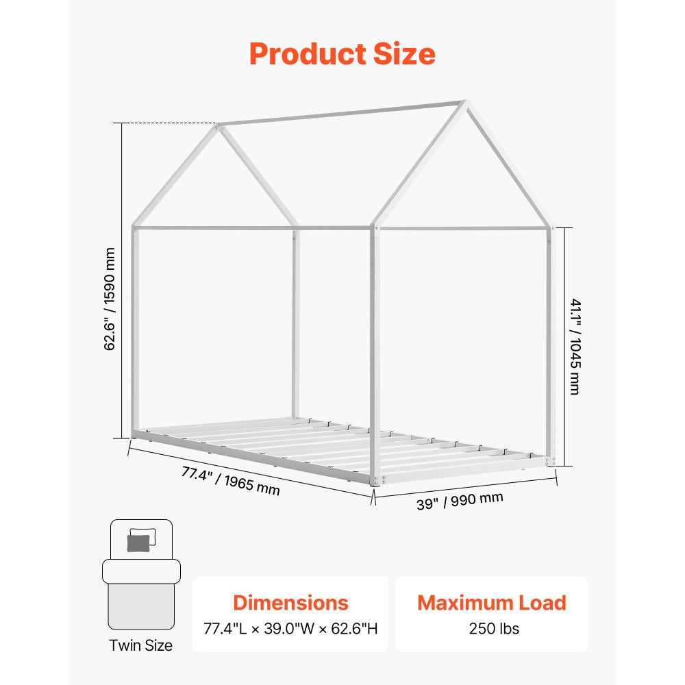 VEVOR Twin Size House Bed Frame, Metal Kids Floor Bed Frame with Roof, Heavy Duty Steel Slats Support, House Shape Bedframe for Girls and Boys, No Box Spring Needed, Easy Assembly, White