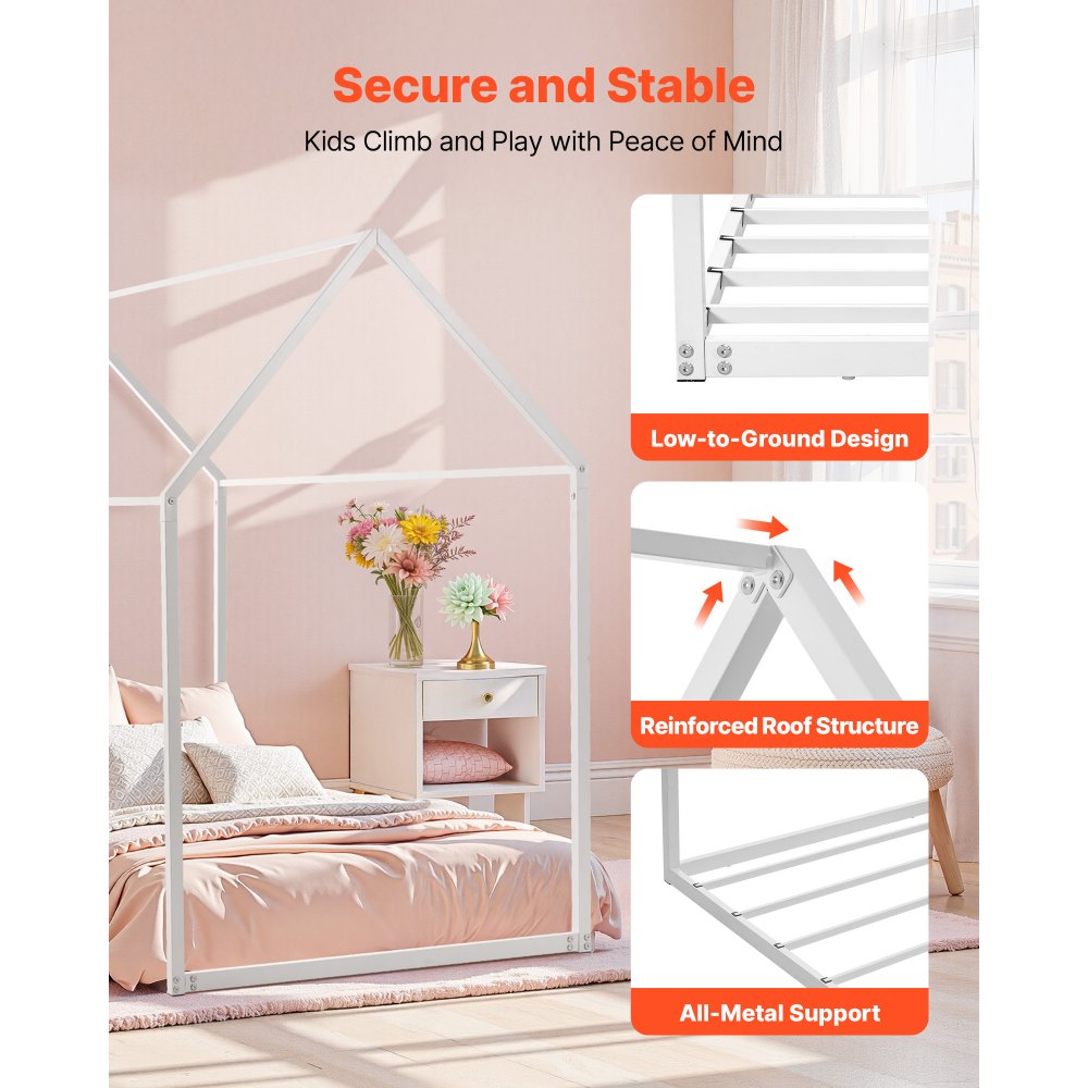 VEVOR Twin Size House Bed Frame, Metal Kids Floor Bed Frame with Roof, Heavy Duty Steel Slats Support, House Shape Bedframe for Girls and Boys, No Box Spring Needed, Easy Assembly, White