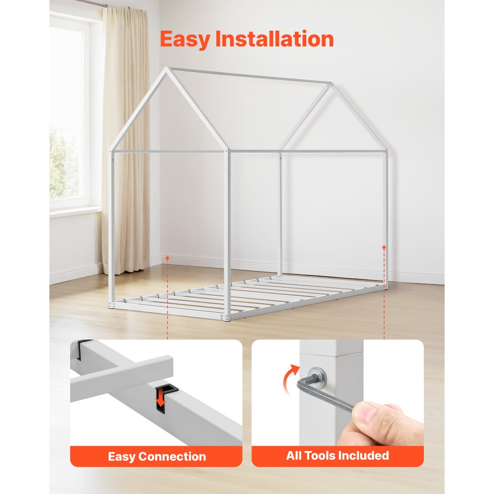 VEVOR Twin Size House Bed Frame, Metal Kids Floor Bed Frame with Roof, Heavy Duty Steel Slats Support, House Shape Bedframe for Girls and Boys, No Box Spring Needed, Easy Assembly, White