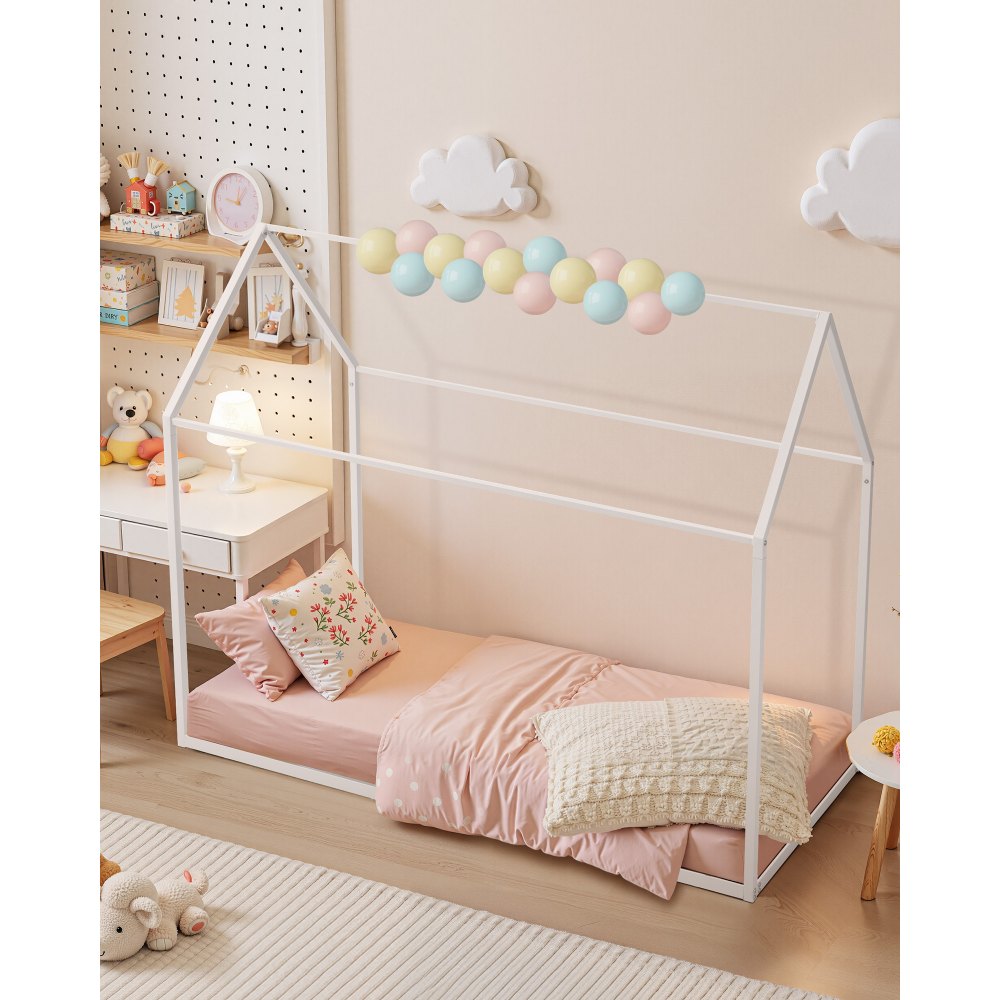 VEVOR Twin Size House Bed Frame, Metal Kids Floor Bed Frame with Roof, Heavy Duty Steel Slats Support, House Shape Bedframe for Girls and Boys, No Box Spring Needed, Easy Assembly, White