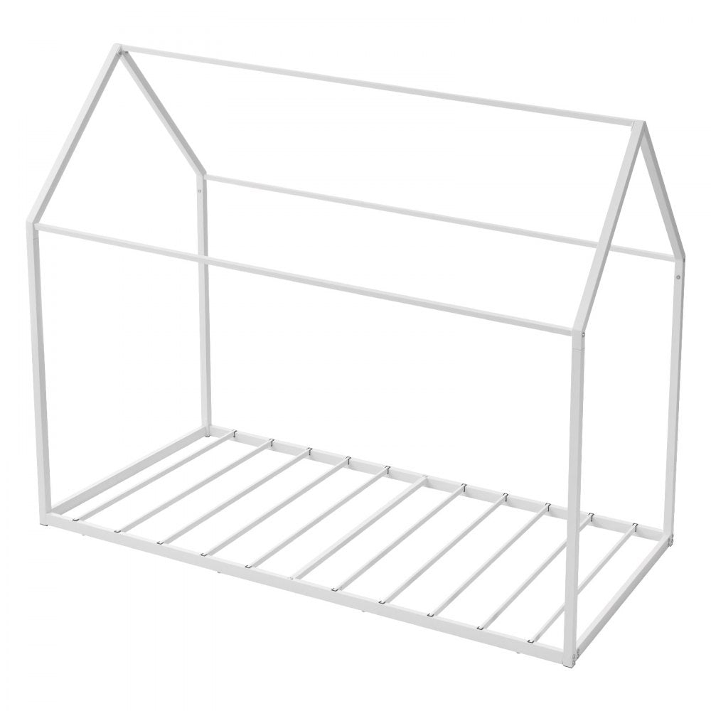 VEVOR Twin Size House Bed Frame, Metal Kids Floor Bed Frame with Roof, Heavy Duty Steel Slats Support, House Shape Bedframe for Girls and Boys, No Box Spring Needed, Easy Assembly, White