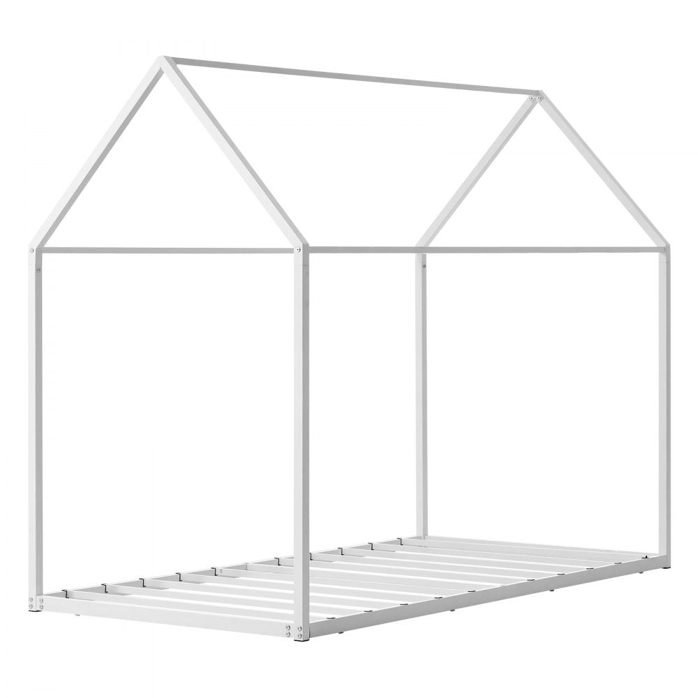 VEVOR Twin Size House Bed Frame, Metal Kids Floor Bed Frame with Roof, Heavy Duty Steel Slats Support, House Shape Bedframe for Girls and Boys, No Box Spring Needed, Easy Assembly, White