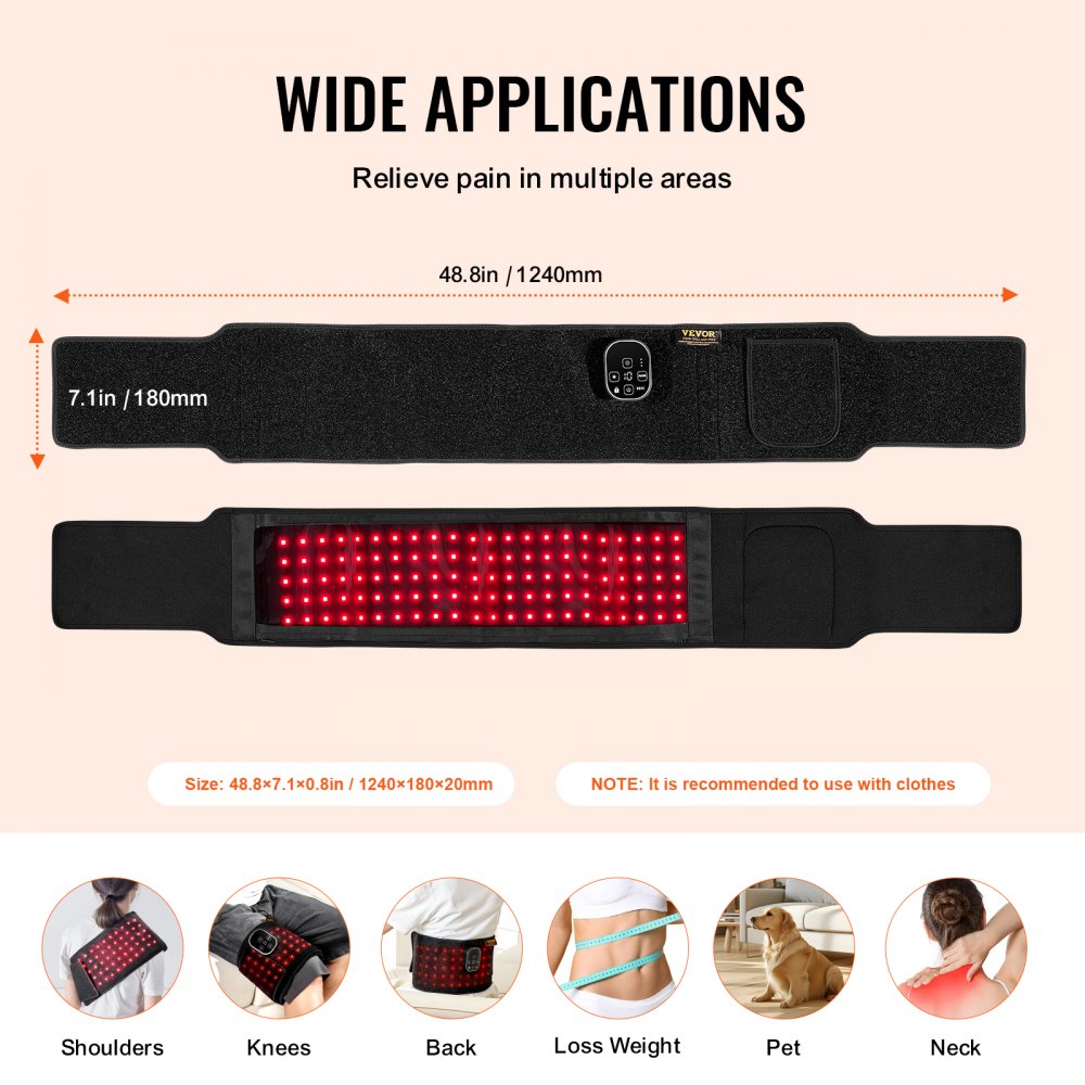 VEVOR Red Light Therapy for Waist, 660nm & 850nm Red Light Therapy Wrap Belt with Timer, 105 LEDs, 3-Level Vibration & 3 Intensities, Cordless Light Therapy Pad Device for Shoulder Knee Pain Relief