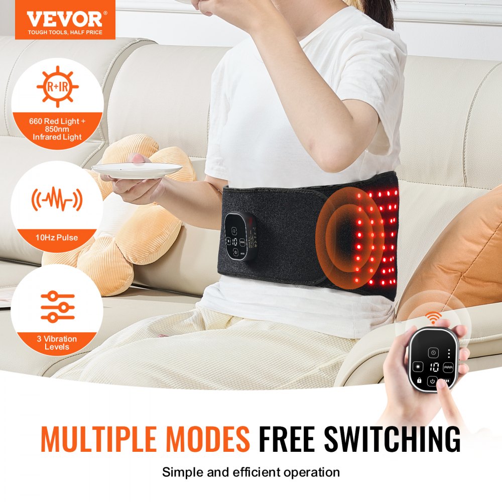 VEVOR Red Light Therapy Belt for Waist, 660nm & 850nm Red Light Therapy Pad with Timer, 112 LEDs, 3-Level Vibration & 3 Intensities, Cordless Light Therapy Wrap Device for Shoulder Knees Pain Relief