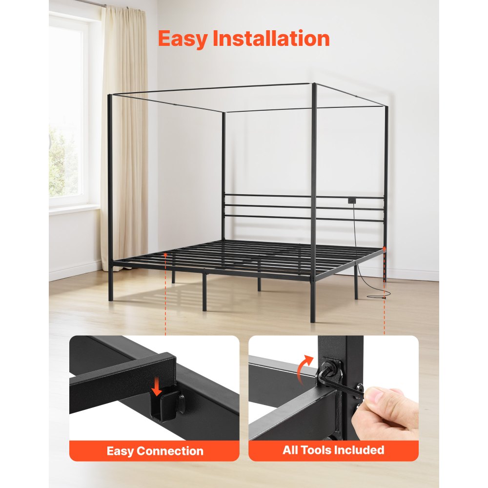 VEVOR King Size Canopy Bed Frame, Metal Canopy Bed with Charging Station and Four Posters Design, Heavy Duty Steel Slats Support, Underbed Storage Space, No Box Spring Needed, Easy Assembly, Black