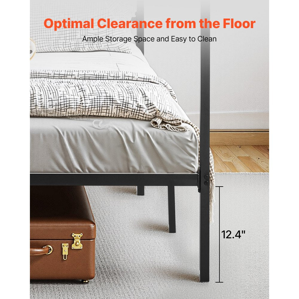 VEVOR King Size Canopy Bed Frame, Metal Canopy Bed with Charging Station and Four Posters Design, Heavy Duty Steel Slats Support, Underbed Storage Space, No Box Spring Needed, Easy Assembly, Black