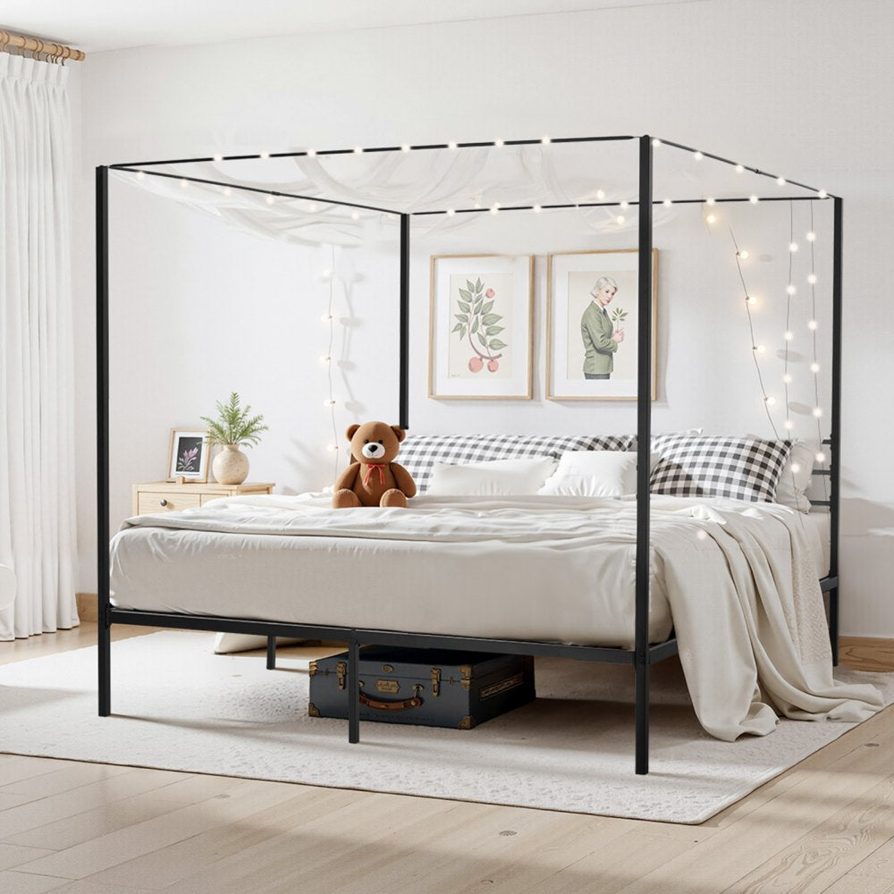 VEVOR King Size Canopy Bed Frame, Metal Canopy Bed with Charging Station and Four Posters Design, Heavy Duty Steel Slats Support, Underbed Storage Space, No Box Spring Needed, Easy Assembly, Black