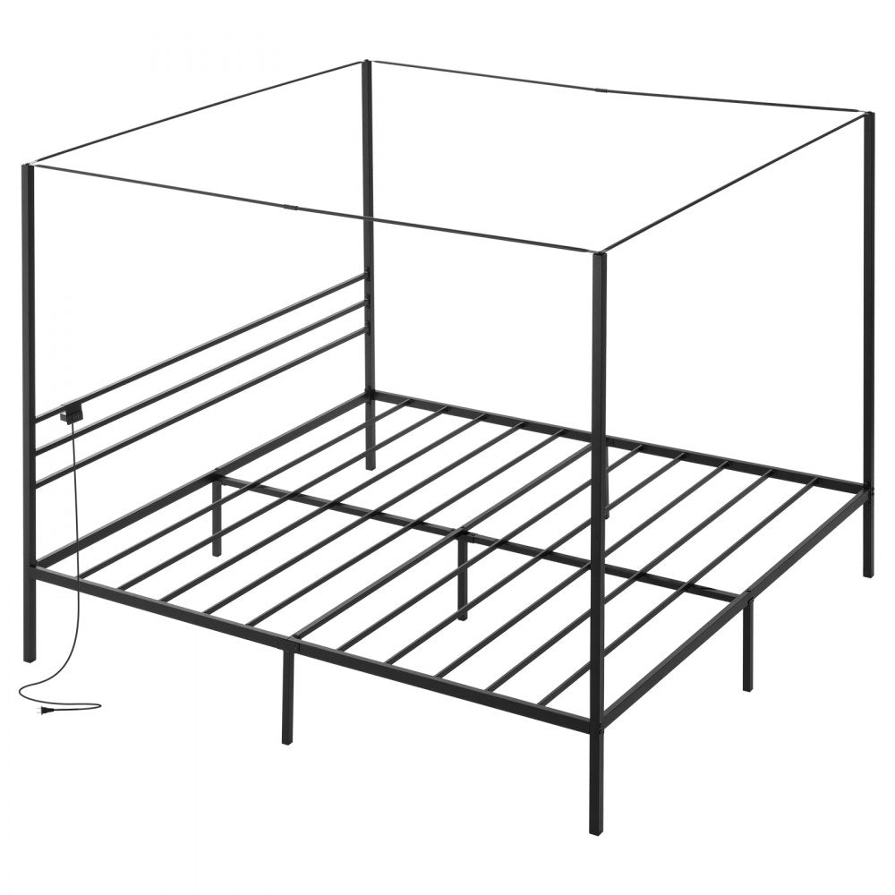 VEVOR King Size Canopy Bed Frame, Metal Canopy Bed with Charging Station and Four Posters Design, Heavy Duty Steel Slats Support, Underbed Storage Space, No Box Spring Needed, Easy Assembly, Black