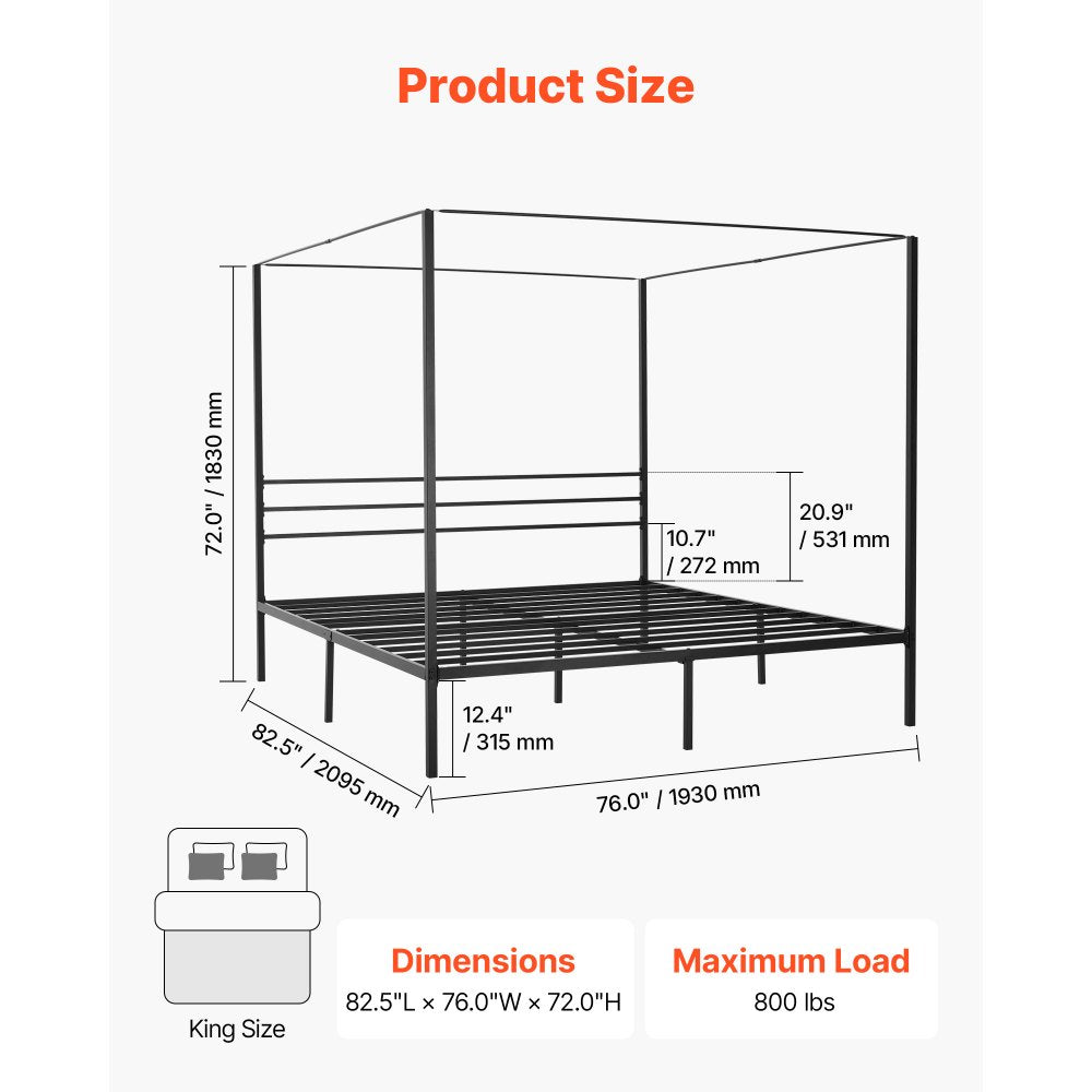 VEVOR King Size Canopy Bed Frame, Metal Canopy Bed with Four Posters Design, Heavy Duty Steel Slats Support, Underbed Storage Space, No Box Spring Needed, Easy Assembly, Black