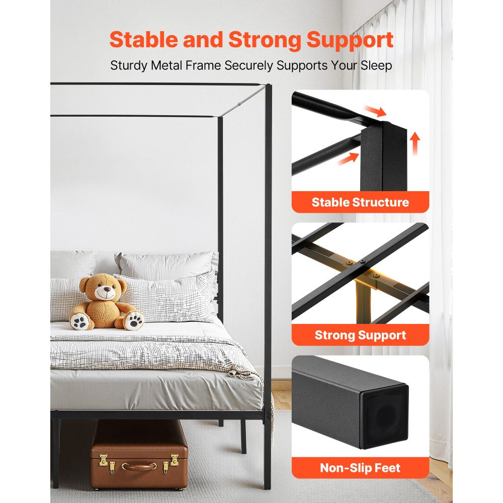 VEVOR King Size Canopy Bed Frame, Metal Canopy Bed with Four Posters Design, Heavy Duty Steel Slats Support, Underbed Storage Space, No Box Spring Needed, Easy Assembly, Black
