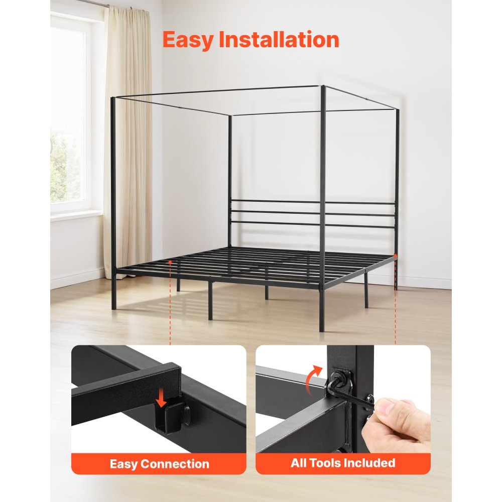 VEVOR King Size Canopy Bed Frame, Metal Canopy Bed with Four Posters Design, Heavy Duty Steel Slats Support, Underbed Storage Space, No Box Spring Needed, Easy Assembly, Black