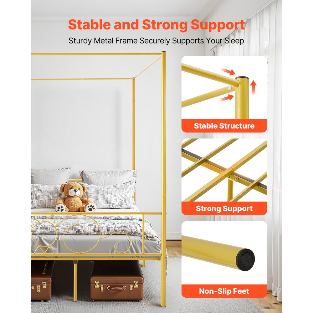 VEVOR Full Size Canopy Bed Frame, Metal Canopy Bed with Minimalist Headboard & Four Posters Design, Heavy Duty Steel Slats Support, Underbed Storage Space, No Box Spring Needed, Easy Assembly, Gold