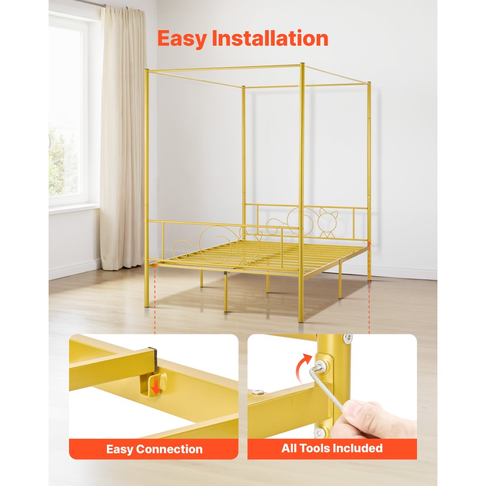 VEVOR Full Size Canopy Bed Frame, Metal Canopy Bed with Minimalist Headboard & Four Posters Design, Heavy Duty Steel Slats Support, Underbed Storage Space, No Box Spring Needed, Easy Assembly, Gold