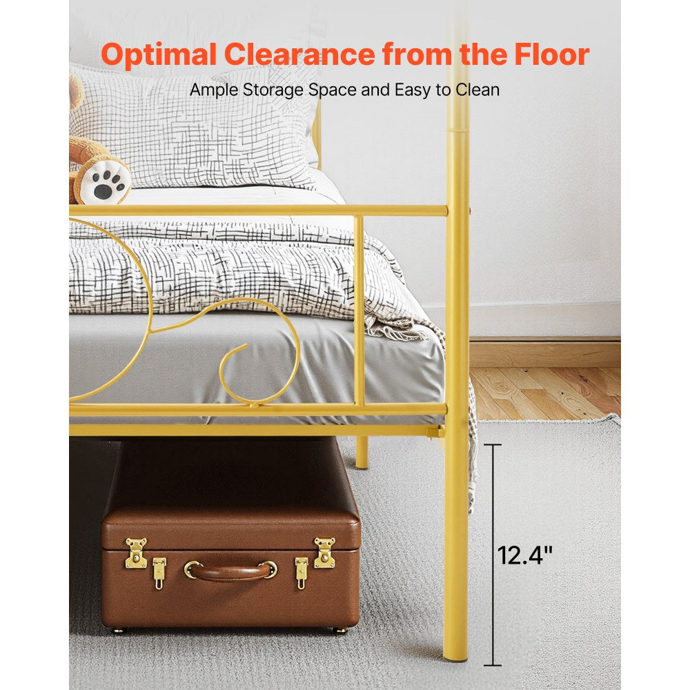 VEVOR Full Size Canopy Bed Frame, Metal Canopy Bed with Minimalist Headboard & Four Posters Design, Heavy Duty Steel Slats Support, Underbed Storage Space, No Box Spring Needed, Easy Assembly, Gold