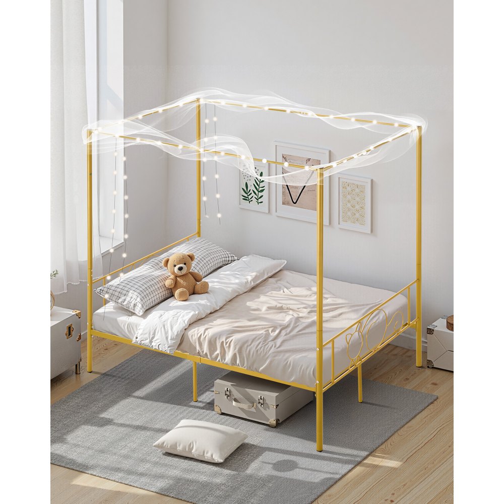 VEVOR Full Size Canopy Bed Frame, Metal Canopy Bed with Minimalist Headboard & Four Posters Design, Heavy Duty Steel Slats Support, Underbed Storage Space, No Box Spring Needed, Easy Assembly, Gold