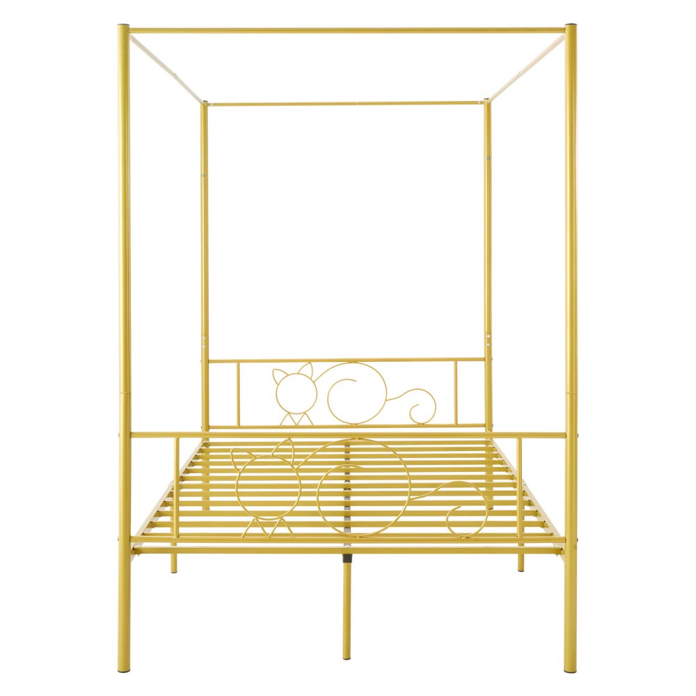 VEVOR Full Size Canopy Bed Frame, Metal Canopy Bed with Minimalist Headboard & Four Posters Design, Heavy Duty Steel Slats Support, Underbed Storage Space, No Box Spring Needed, Easy Assembly, Gold