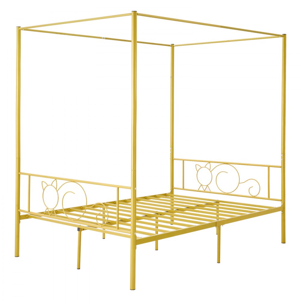 VEVOR Full Size Canopy Bed Frame, Metal Canopy Bed with Minimalist Headboard & Four Posters Design, Heavy Duty Steel Slats Support, Underbed Storage Space, No Box Spring Needed, Easy Assembly, Gold