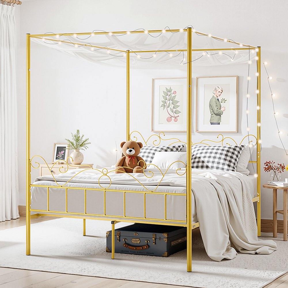 VEVOR Queen Size Canopy Bed Frame, Metal Canopy Bed with Minimalist Headboard & Four Posters Design, Heavy Duty Steel Slats Support, Underbed Storage Space, No Box Spring Needed, Easy Assembly, Gold