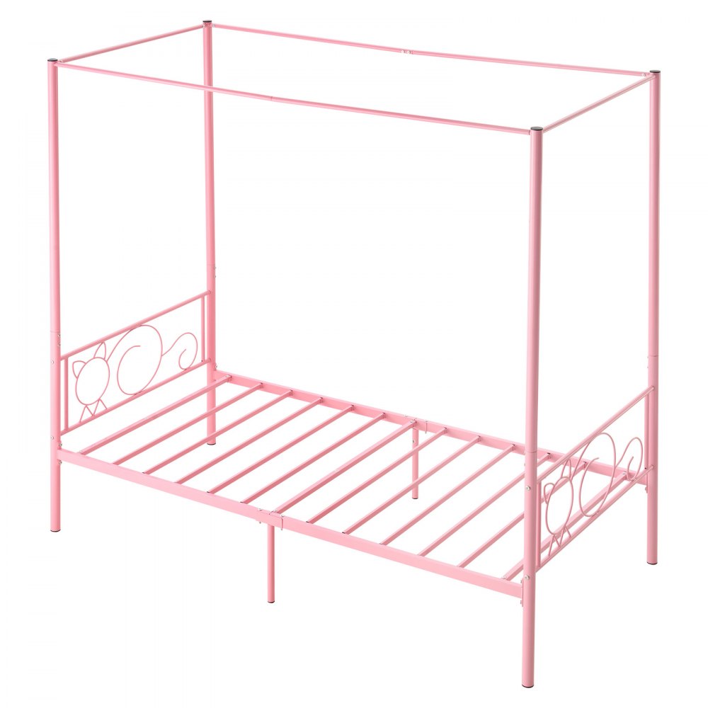 VEVOR Twin Size Canopy Bed Frame, Metal Canopy Bed with Minimalist Headboard & Four Posters Design, Heavy Duty Steel Slats Support, Underbed Storage Space, No Box Spring Needed, Easy Assembly, Pink
