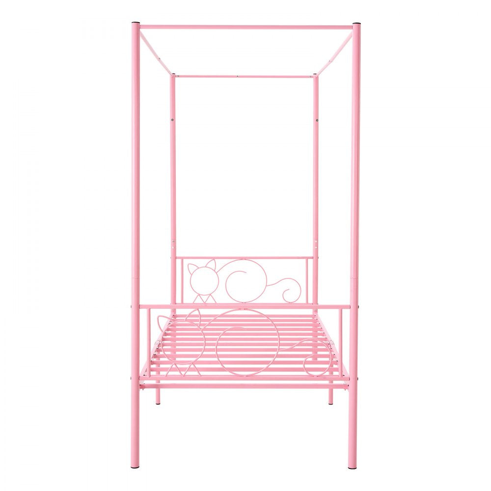 VEVOR Twin Size Canopy Bed Frame, Metal Canopy Bed with Minimalist Headboard & Four Posters Design, Heavy Duty Steel Slats Support, Underbed Storage Space, No Box Spring Needed, Easy Assembly, Pink