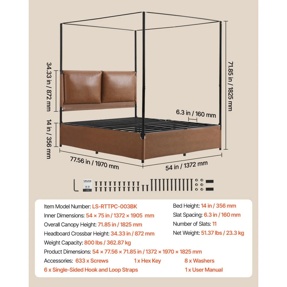 VEVOR Canopy Bed Frame Full Size Metal Canopy Bed with Leather Headboard, For Bedroom, Four-Poster, with Heavy Duty Slats, Under-Bed Storage Space, Easy to Assemble, 800 lbs Stable Support, Brown