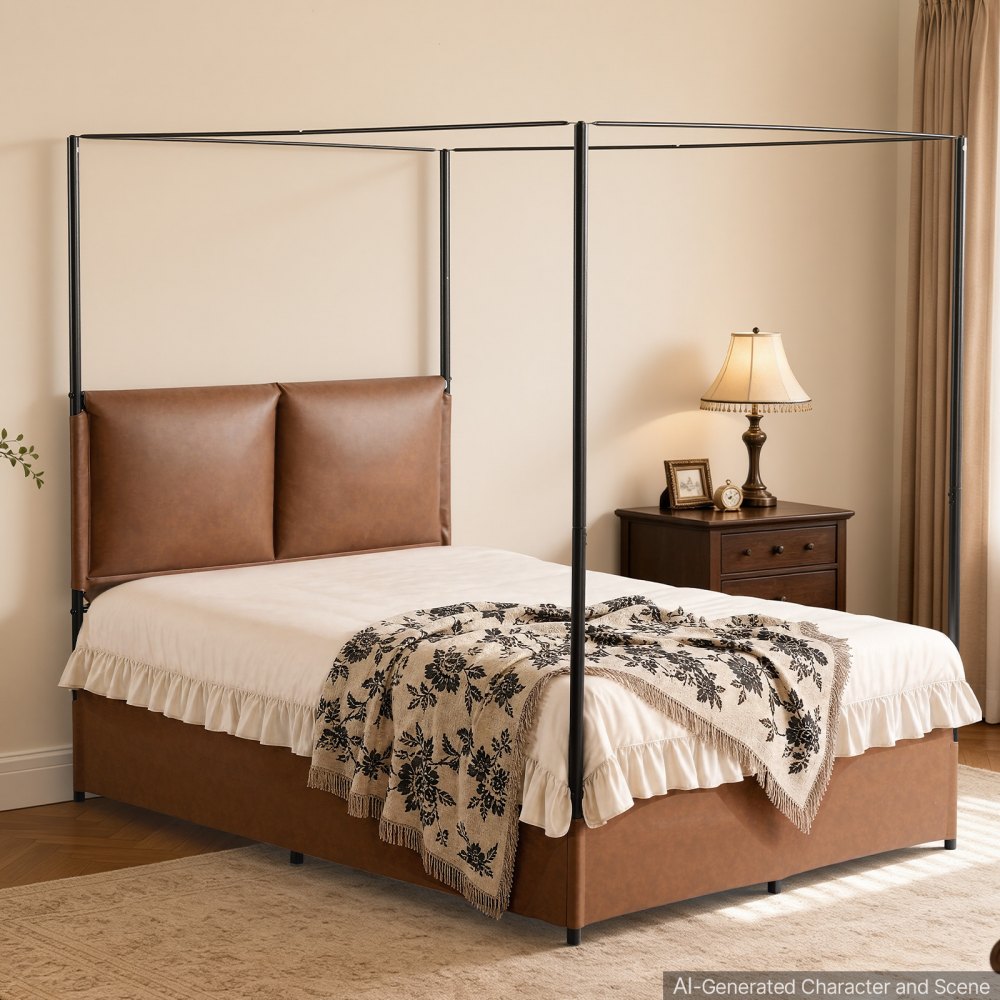 VEVOR Canopy Bed Frame Full Size Metal Canopy Bed with Leather Headboard, For Bedroom, Four-Poster, with Heavy Duty Slats, Under-Bed Storage Space, Easy to Assemble, 800 lbs Stable Support, Brown
