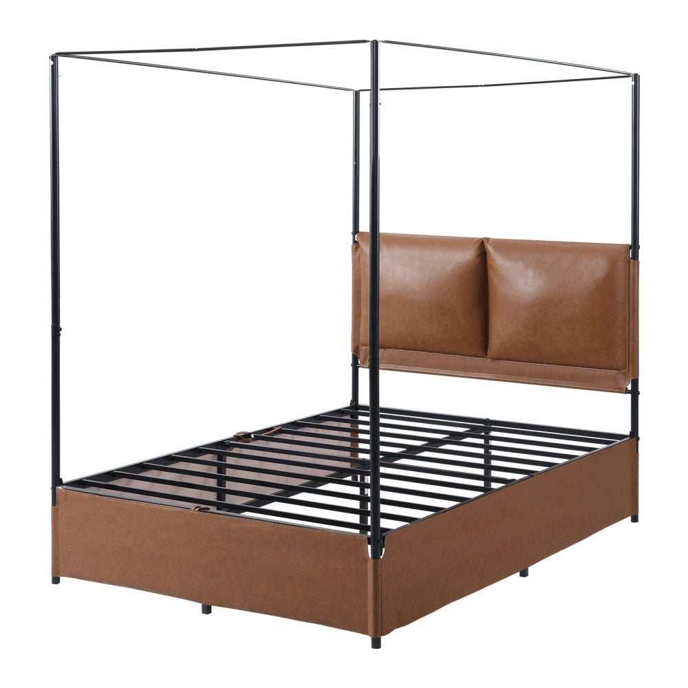 VEVOR Canopy Bed Frame Full Size Metal Canopy Bed with Leather Headboard, For Bedroom, Four-Poster, with Heavy Duty Slats, Under-Bed Storage Space, Easy to Assemble, 800 lbs Stable Support, Brown