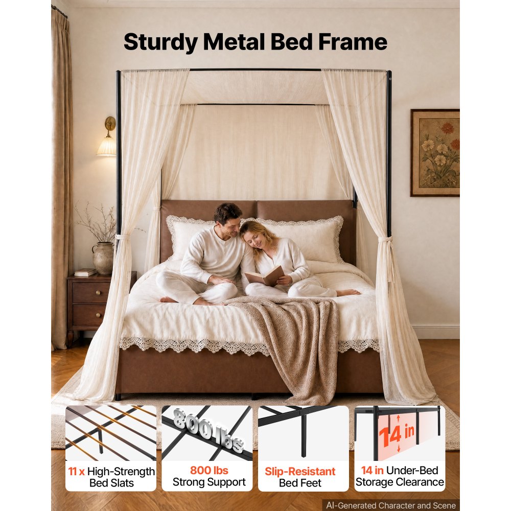VEVOR Canopy Bed Frame Queen Size Metal Canopy Bed with Leather Headboard, For Bedroom, Four-Poster, with Heavy Duty Slats, Under-Bed Storage Space, Easy to Assemble, 800 lbs Stable Support, Brown
