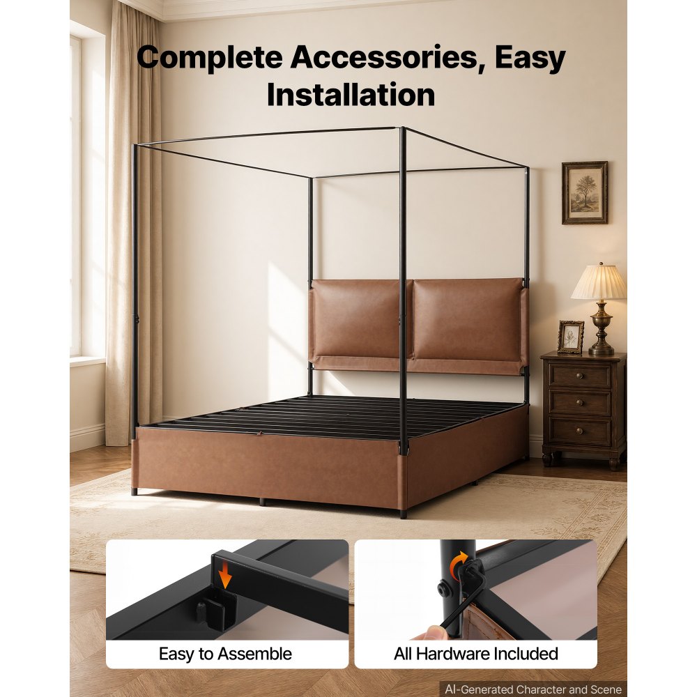 VEVOR Canopy Bed Frame Queen Size Metal Canopy Bed with Leather Headboard, For Bedroom, Four-Poster, with Heavy Duty Slats, Under-Bed Storage Space, Easy to Assemble, 800 lbs Stable Support, Brown