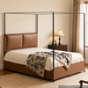VEVOR Canopy Bed Frame Queen Size Metal Canopy Bed with Leather Headboard, For Bedroom, Four-Poster, with Heavy Duty Slats, Under-Bed Storage Space, Easy to Assemble, 800 lbs Stable Support, Brown