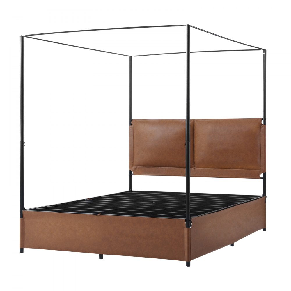 VEVOR Canopy Bed Frame Queen Size Metal Canopy Bed with Leather Headboard, For Bedroom, Four-Poster, with Heavy Duty Slats, Under-Bed Storage Space, Easy to Assemble, 800 lbs Stable Support, Brown