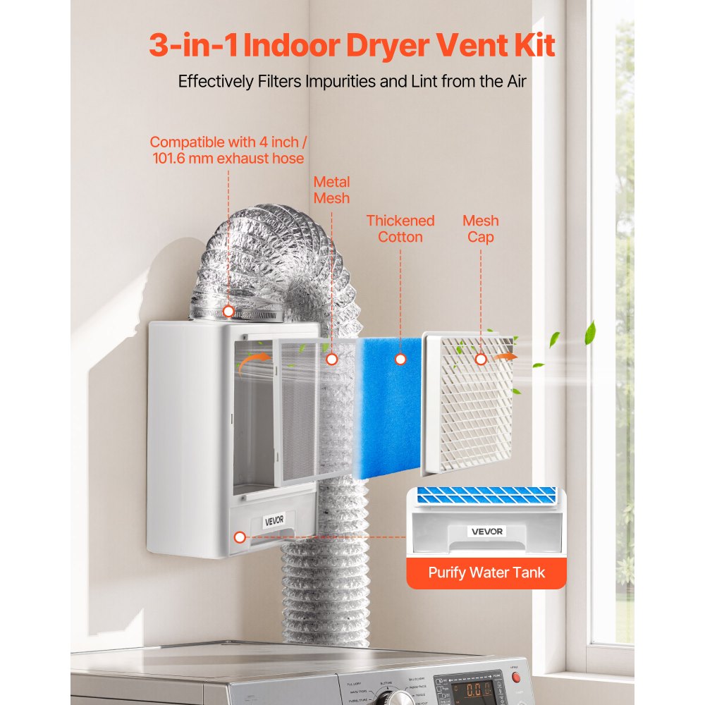VEVOR 3-in-1 Indoor Dryer Vent Kit,Premium ABS Material with Water Drawer Fits 4 inch Exhaust Port, Smart Overheating Reminder Exhaust Hood & with 4 Purification Pads,For Electric Clothes Dryers
