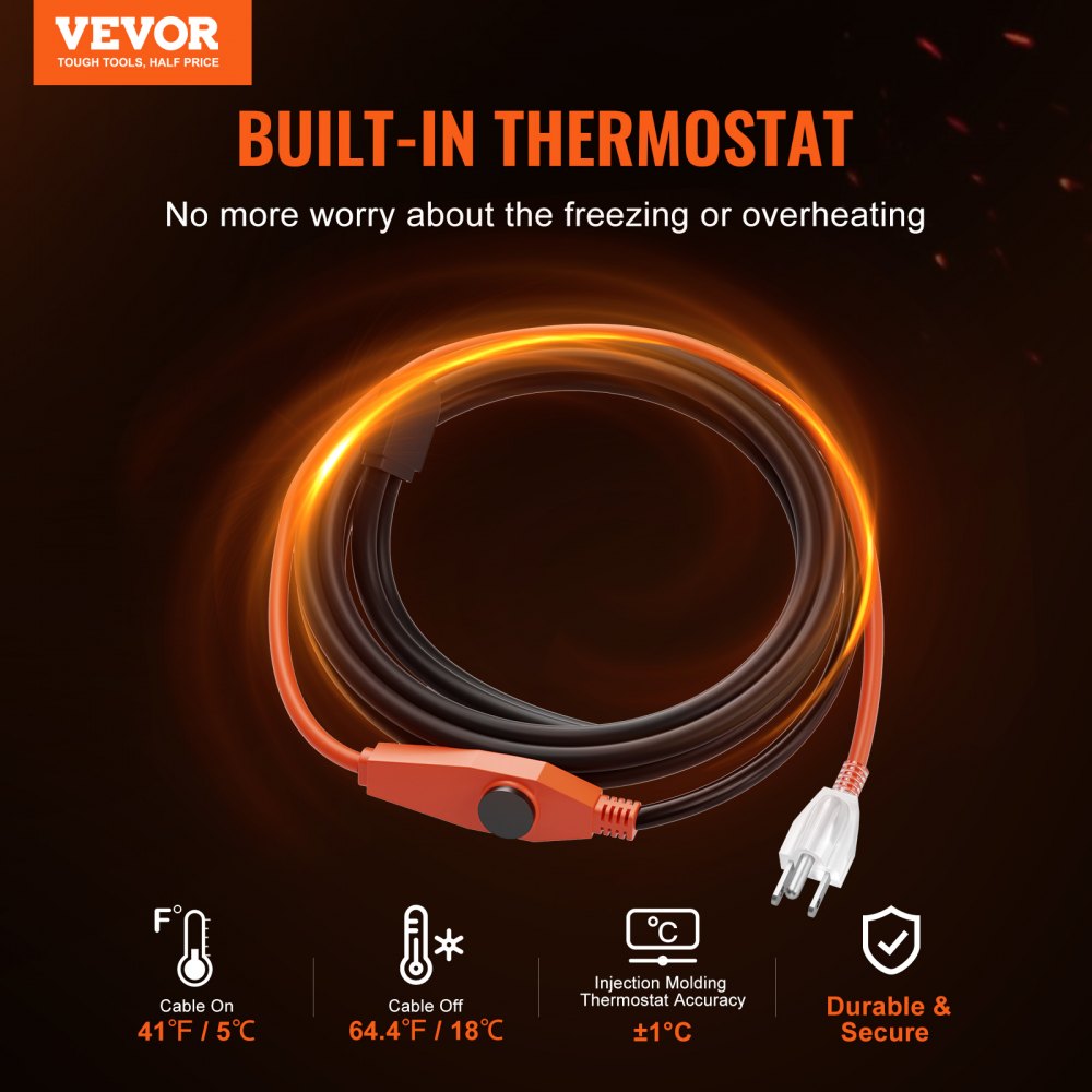 VEVOR Pipe Heating Cable, 6FT 7W/FT Heat Tape for Pipes with Built-in Thermostat, Water Pipe Heat Cable Protects PVC Hose, Metal and Plastic Pipe from Freezing