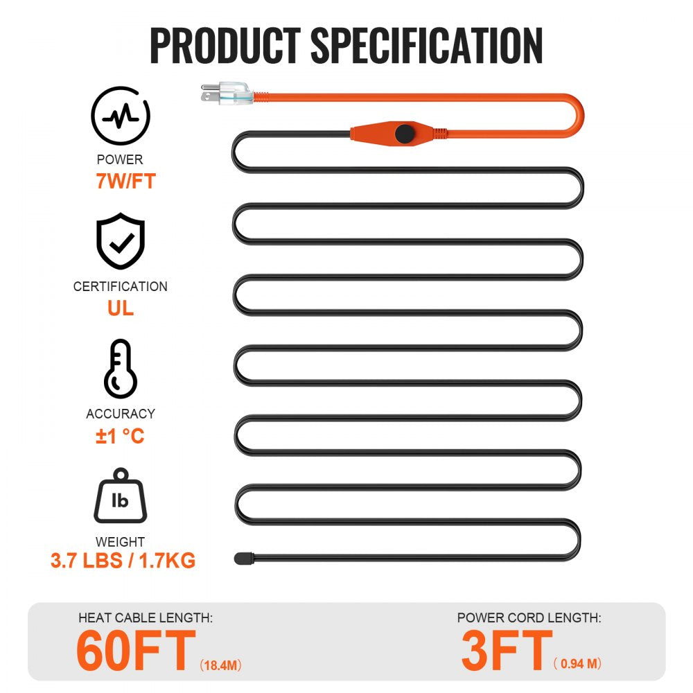 VEVOR Pipe Heating Cable, 60FT 7W/FT Heat Tape for Pipes with Built-in Thermostat, Water Pipe Heat Cable Protects PVC Hose, Metal and Plastic Pipe from Freezing