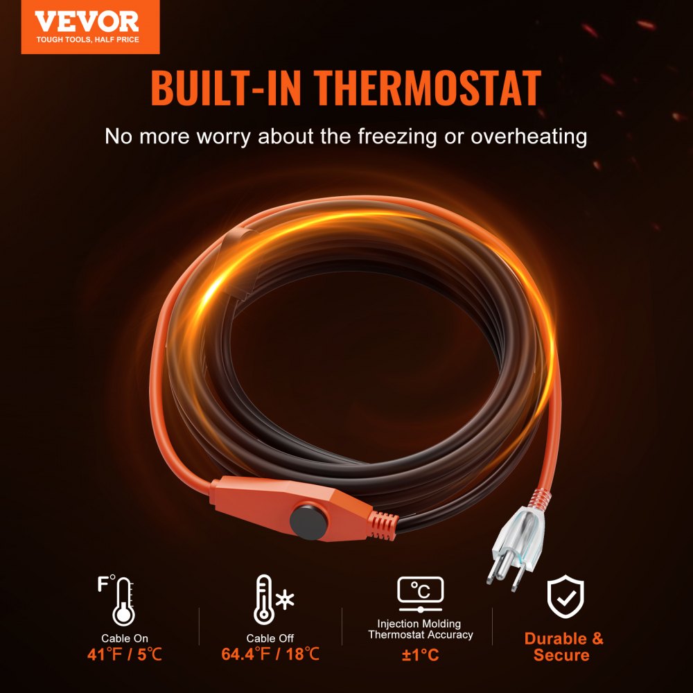 VEVOR Pipe Heating Cable, 24FT 7W/FT Heat Tape for Pipes with Built-in Thermostat, Water Pipe Heat Cable Protects PVC Hose, Metal and Plastic Pipe from Freezing