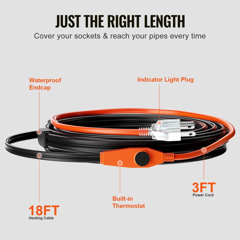 VEVOR Pipe Heating Cable, 18FT 7W/FT Heat Tape for Pipes with Built-in Thermostat, Water Pipe Heat Cable Protects PVC Hose, Metal and Plastic Pipe from Freezing