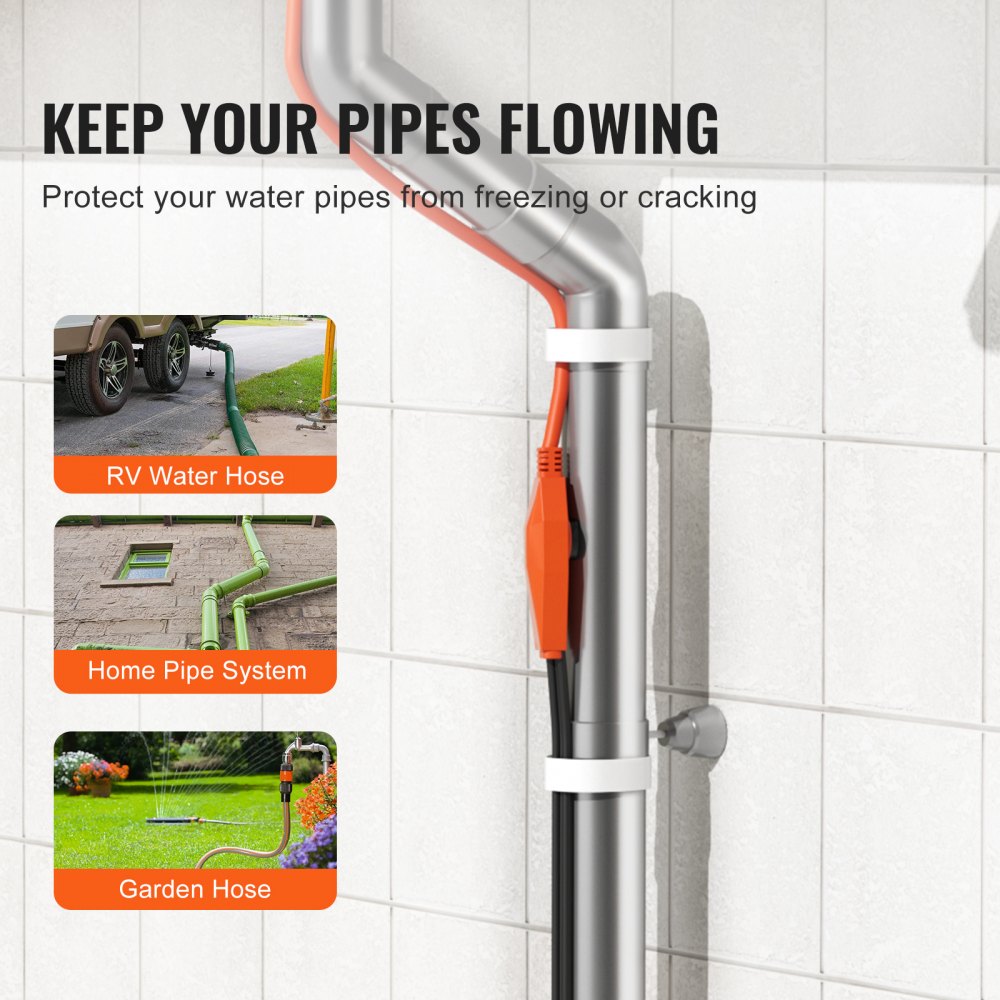 VEVOR Pipe Heating Cable, 9FT 7W/FT Heat Tape for Pipes with Built-in Thermostat, Water Pipe Heat Cable Protects PVC Hose, Metal and Plastic Pipe from Freezing