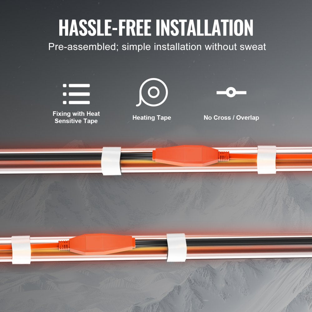 VEVOR Pipe Heating Cable, 9FT 7W/FT Heat Tape for Pipes with Built-in Thermostat, Water Pipe Heat Cable Protects PVC Hose, Metal and Plastic Pipe from Freezing