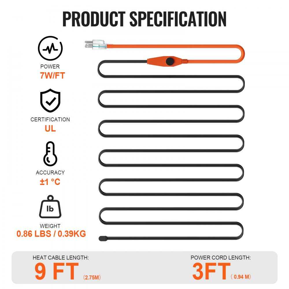 VEVOR Pipe Heating Cable, 9FT 7W/FT Heat Tape for Pipes with Built-in Thermostat, Water Pipe Heat Cable Protects PVC Hose, Metal and Plastic Pipe from Freezing