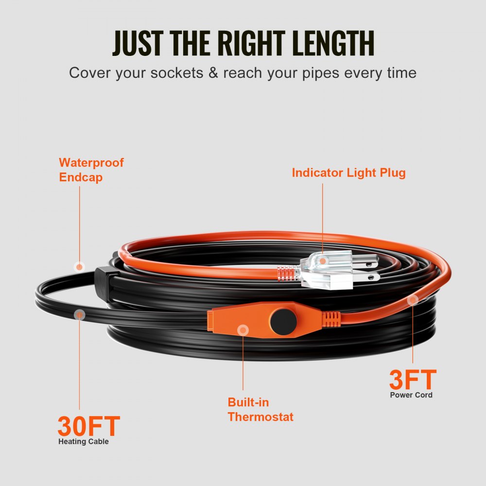 VEVOR Pipe Heating Cable, 30FT 7W/FT Heat Tape for Pipes with Built-in Thermostat, Water Pipe Heat Cable Protects PVC Hose, Metal and Plastic Pipe from Freezing