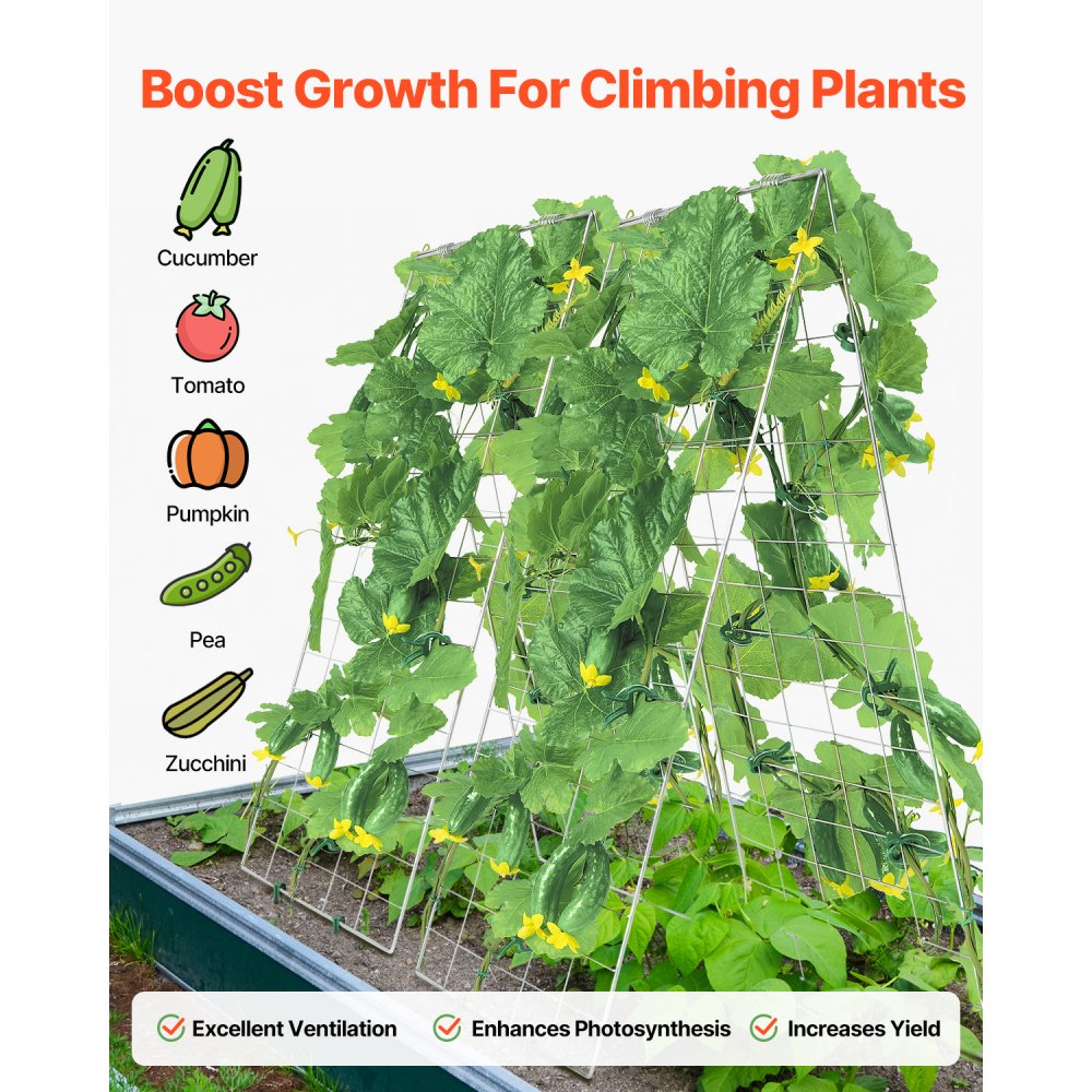 VEVOR Cucumber Trellis for Climbing Plants, 35" x 55" Foldable Cucumber Trellis Set with Plant Clips, Metal Garden Trellis for Raised Bed, Outdoor Plant Grow Support for Tomato, Squash, Vegetable
