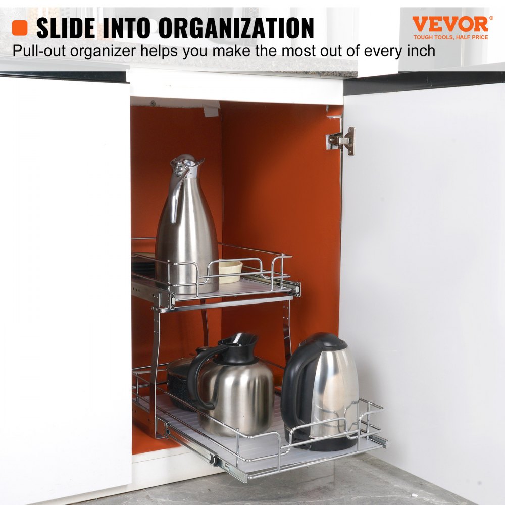 VEVOR 2 Tier 14"Wx21"Dx15"H Pull Out Cabinet Organizer, Heavy Duty Slide Out Pantry Shelves, Steel Roll Out Drawers, Sliding Drawer Storage for Home, 15.5"Wx22"Dx18"H Install Size for Cabinet