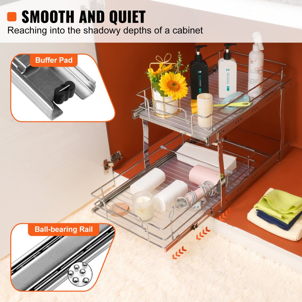 VEVOR 2 Tier 14"Wx21"Dx15"H Pull Out Cabinet Organizer, Heavy Duty Slide Out Pantry Shelves, Steel Roll Out Drawers, Sliding Drawer Storage for Home, 15.5"Wx22"Dx18"H Install Size for Cabinet